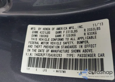 2014 Honda Accord Ex z USA, uszkodzony, nr VIN 1HGCR2F77EA085263